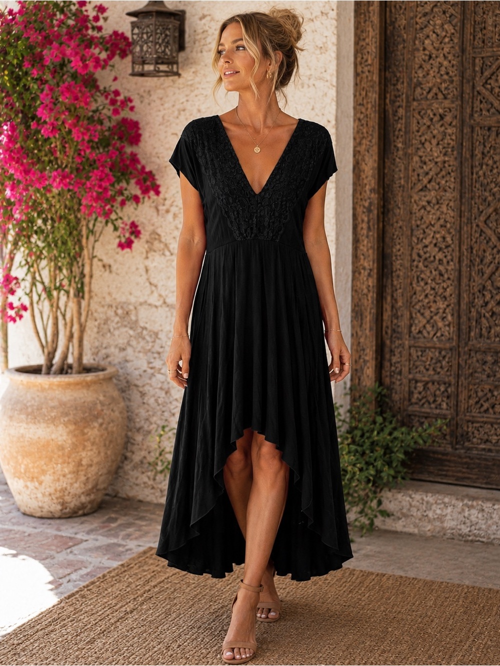 191 POL Black V-Neck High-Low Lace Bodice Dress Size Medium